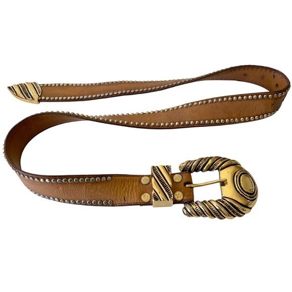 Vintage Al Beres cognac brown leather studded western belt gold buckle